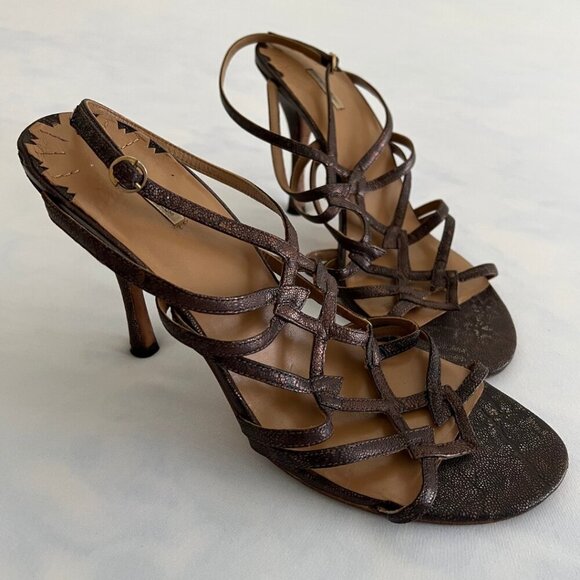 Max Studio Strapy Brown Snake Skin Open Toe Heels - Picture 1 of 7